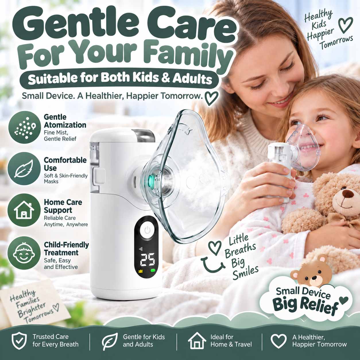 Ultra-quiet, portable mesh nebulizer for children, featuring a USB-C rechargeable design, fine mist output, and a replaceable mesh screen 1