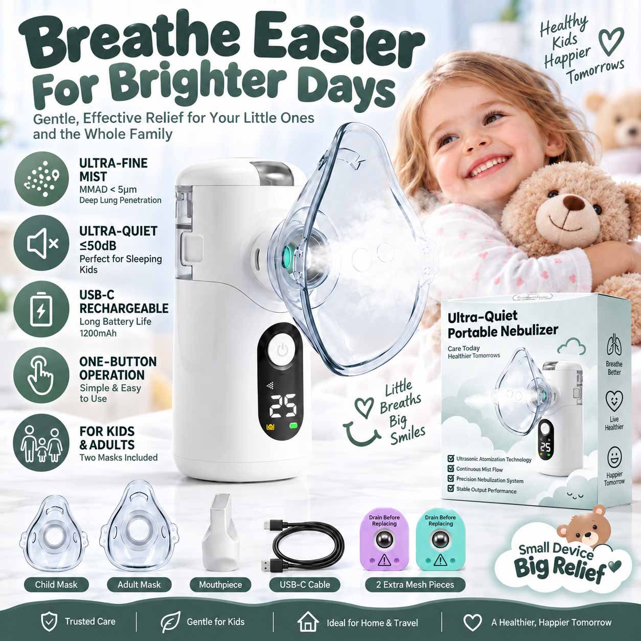 Ultra-quiet, portable mesh nebulizer for children, featuring a USB-C rechargeable design, fine mist output, and a replaceable mesh screen 3