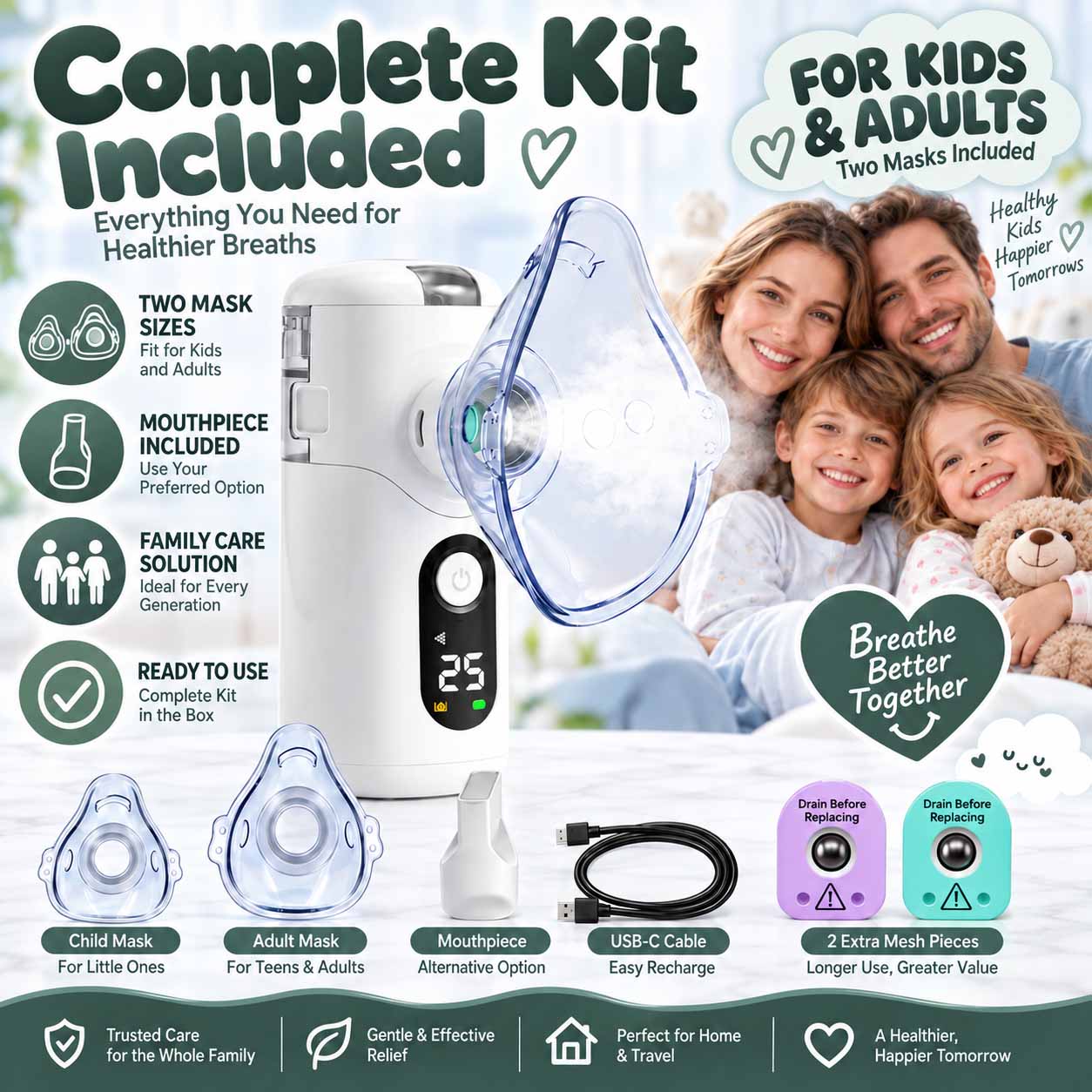 Ultra-quiet, portable mesh nebulizer for children, featuring a USB-C rechargeable design, fine mist output, and a replaceable mesh screen 4