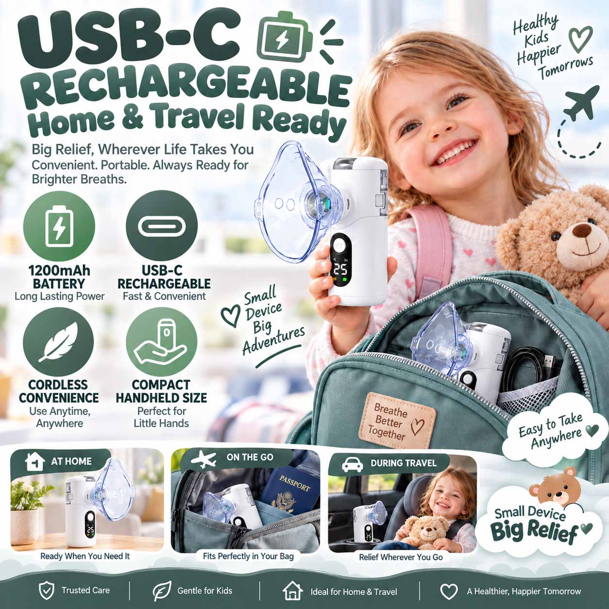 Ultra-quiet, portable mesh nebulizer for children, featuring a USB-C rechargeable design, fine mist output, and a replaceable mesh screen 7
