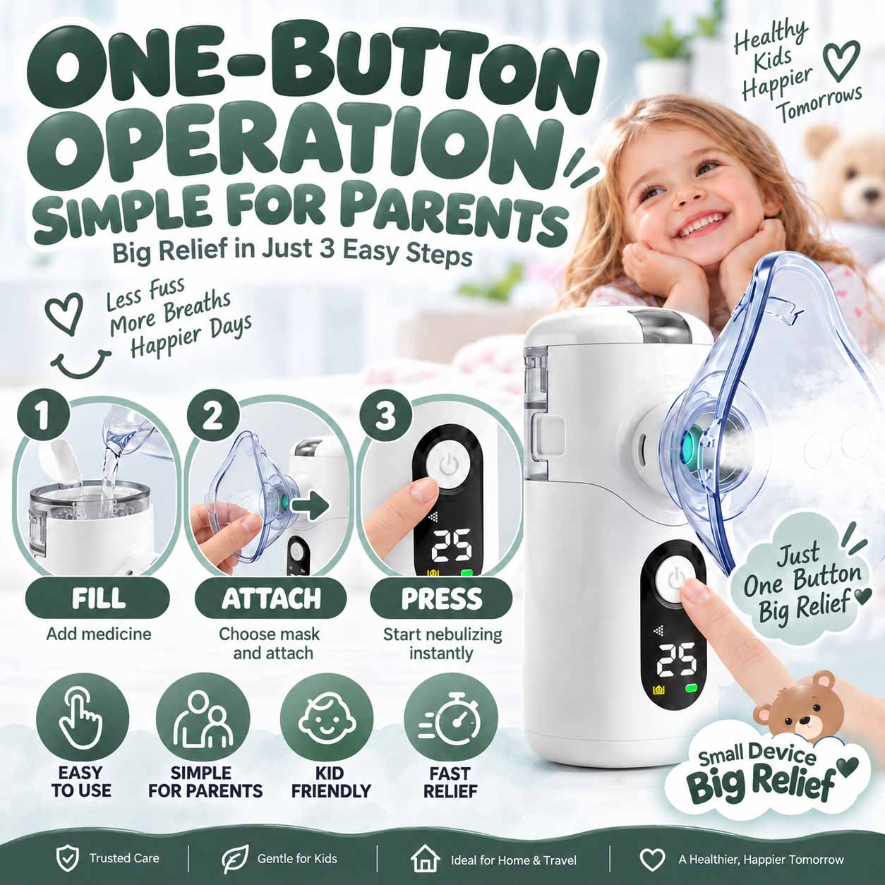 Ultra-quiet, portable mesh nebulizer for children, featuring a USB-C rechargeable design, fine mist output, and a replaceable mesh screen 8