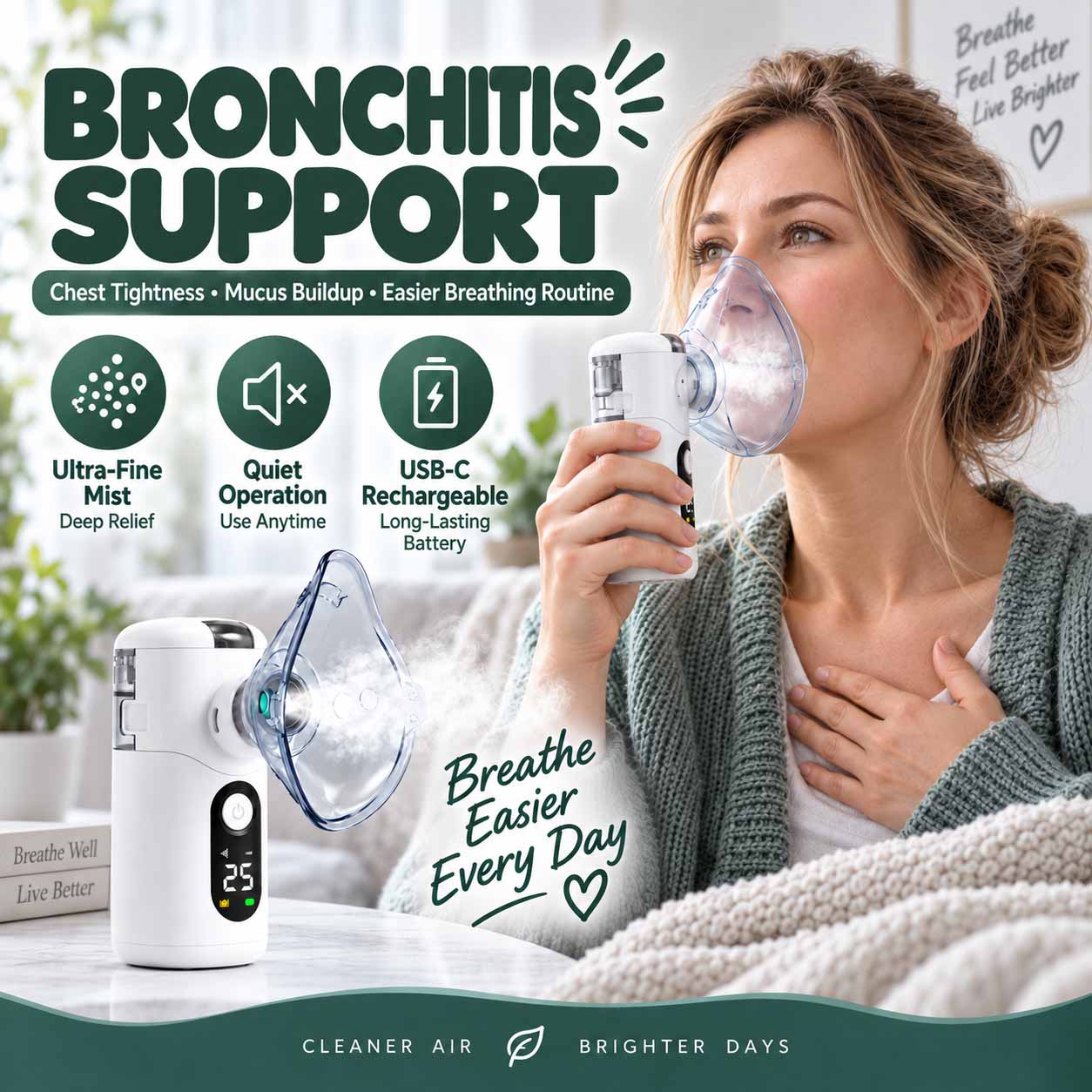 Portable mesh nebulizer with ultra-fine mist output, USB-C charging, one-button control, and a replaceable mesh screen 2