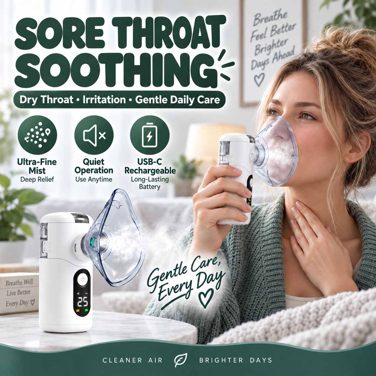 Portable mesh nebulizer with ultra-fine mist output, USB-C charging, one-button control, and a replaceable mesh screen 4