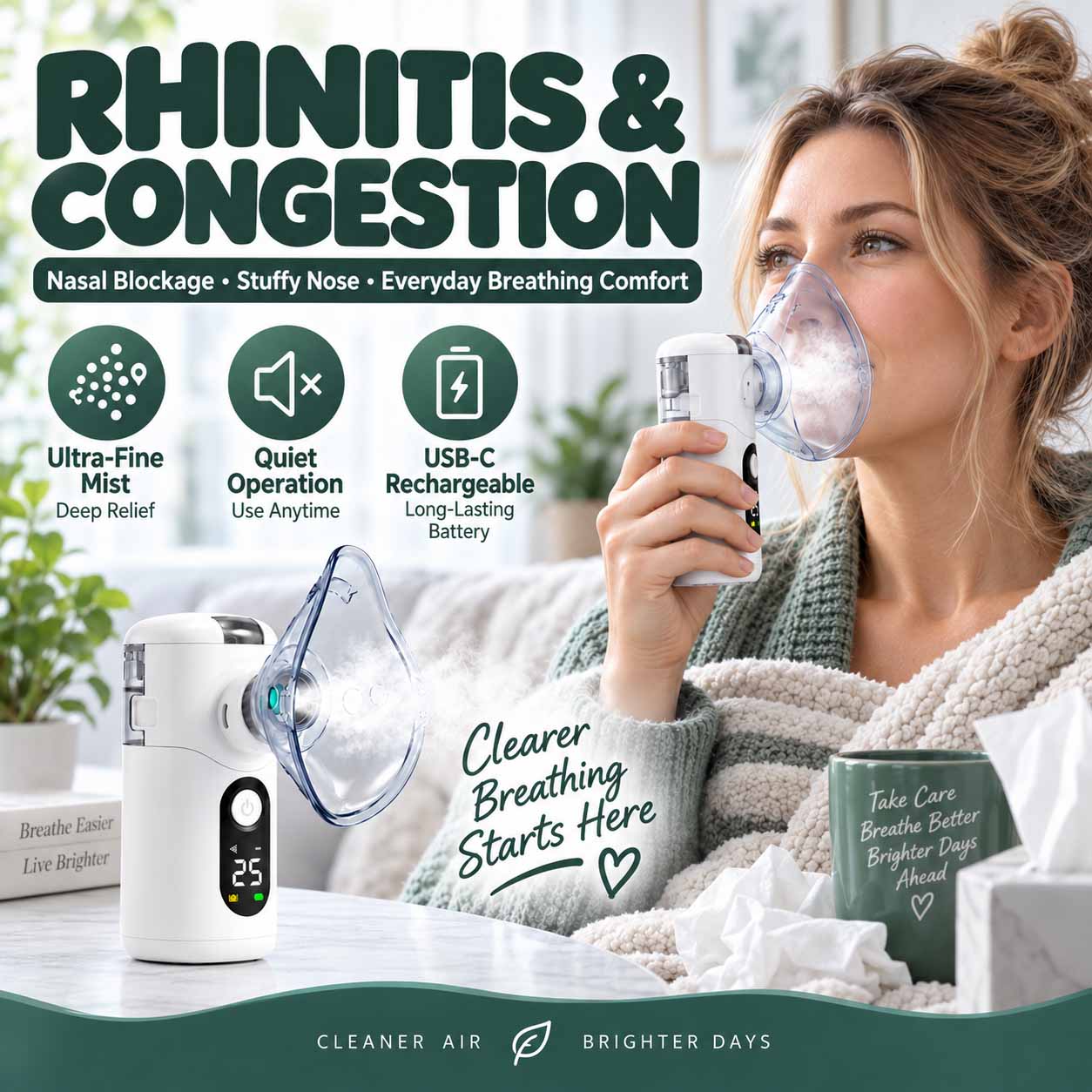 Portable mesh nebulizer with ultra-fine mist output, USB-C charging, one-button control, and a replaceable mesh screen 5