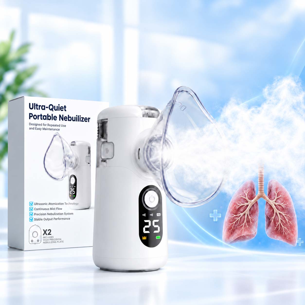 Portable mesh nebulizer with ultra-fine mist output, USB-C charging, one-button control, and a replaceable mesh screen